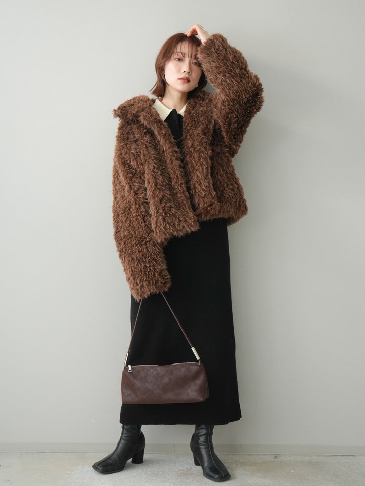 [SET]配色ポロニットワンピース+フェイクファー襟付きショートブルゾン(2set)