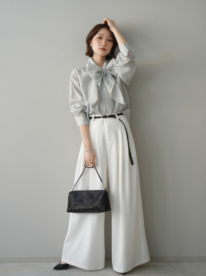 [予約]編み込みベルト付タックワイドパンツ/white