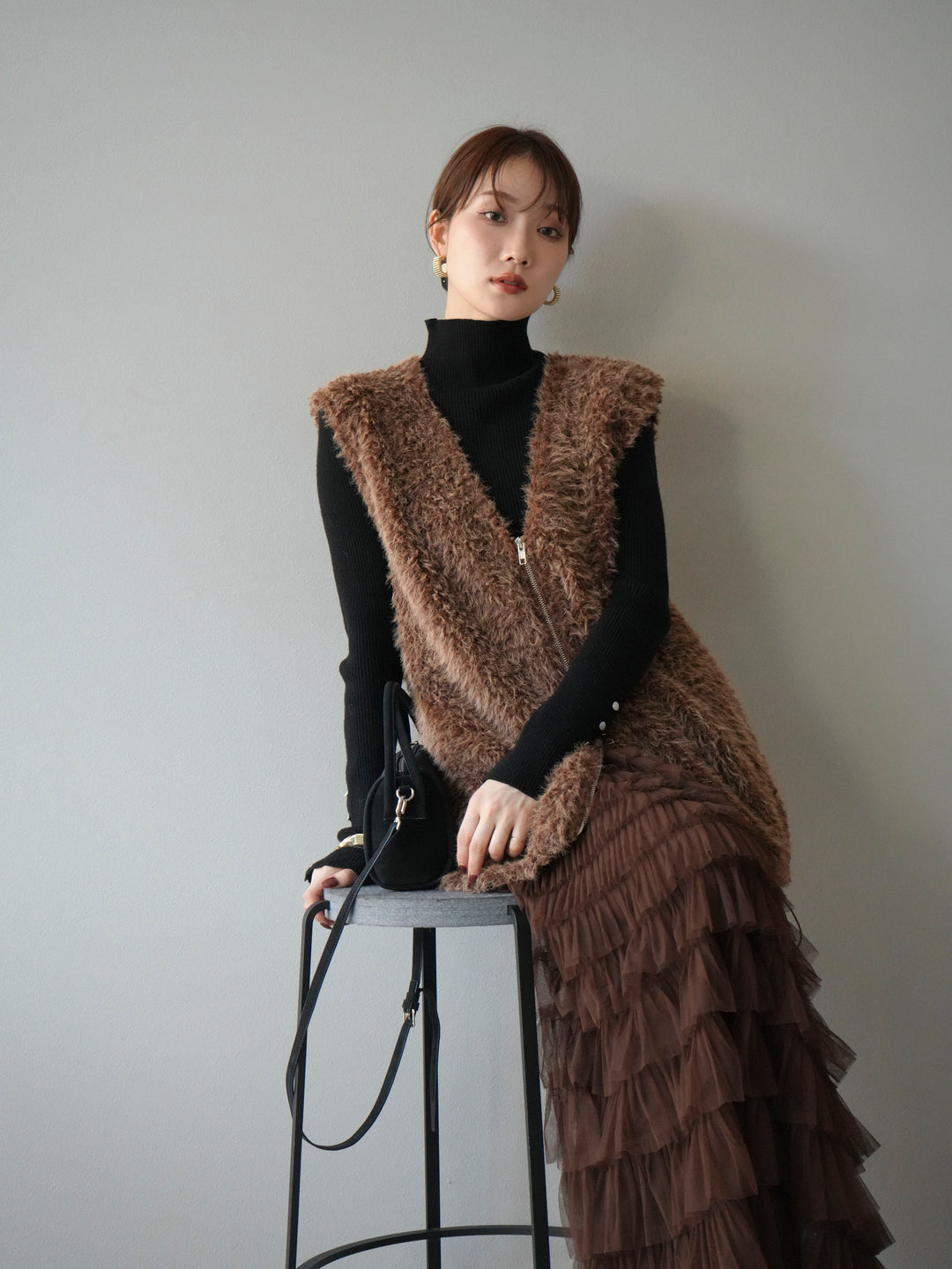 [予約]ダブルZIPループシャギーベスト/ブラウン