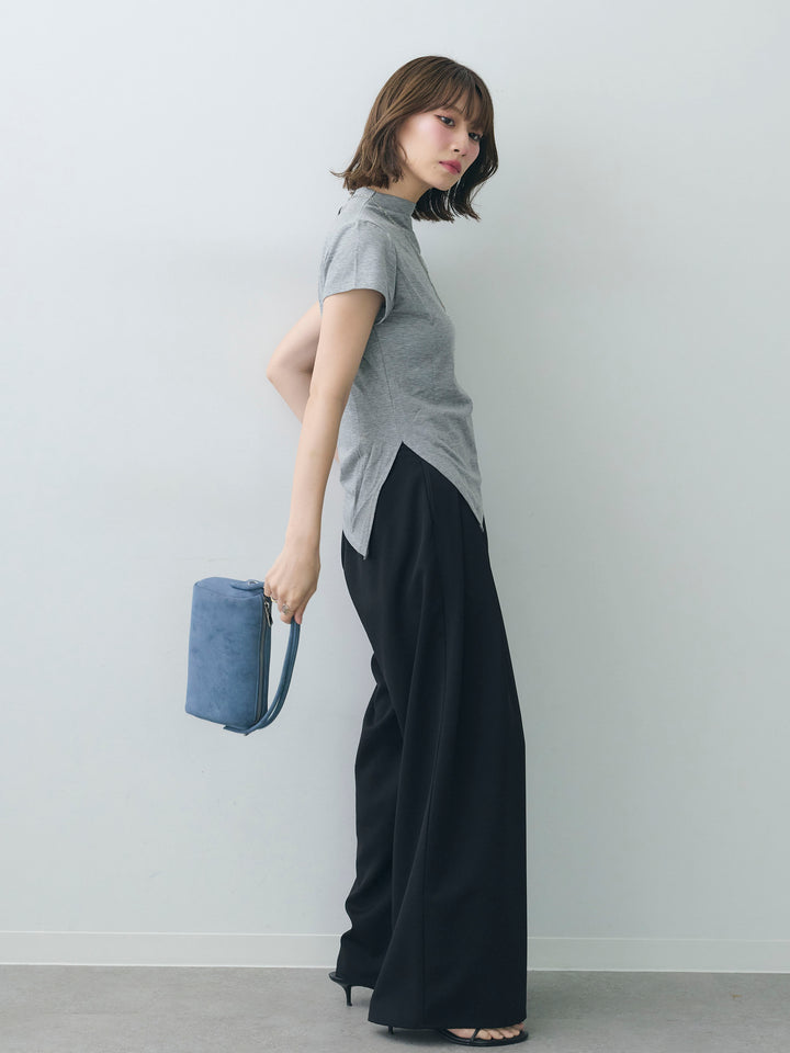 [SET]ヘムアシメバックボタンデザインフレンチトップ+クレープデシンタックワイドパンツ(2set)
