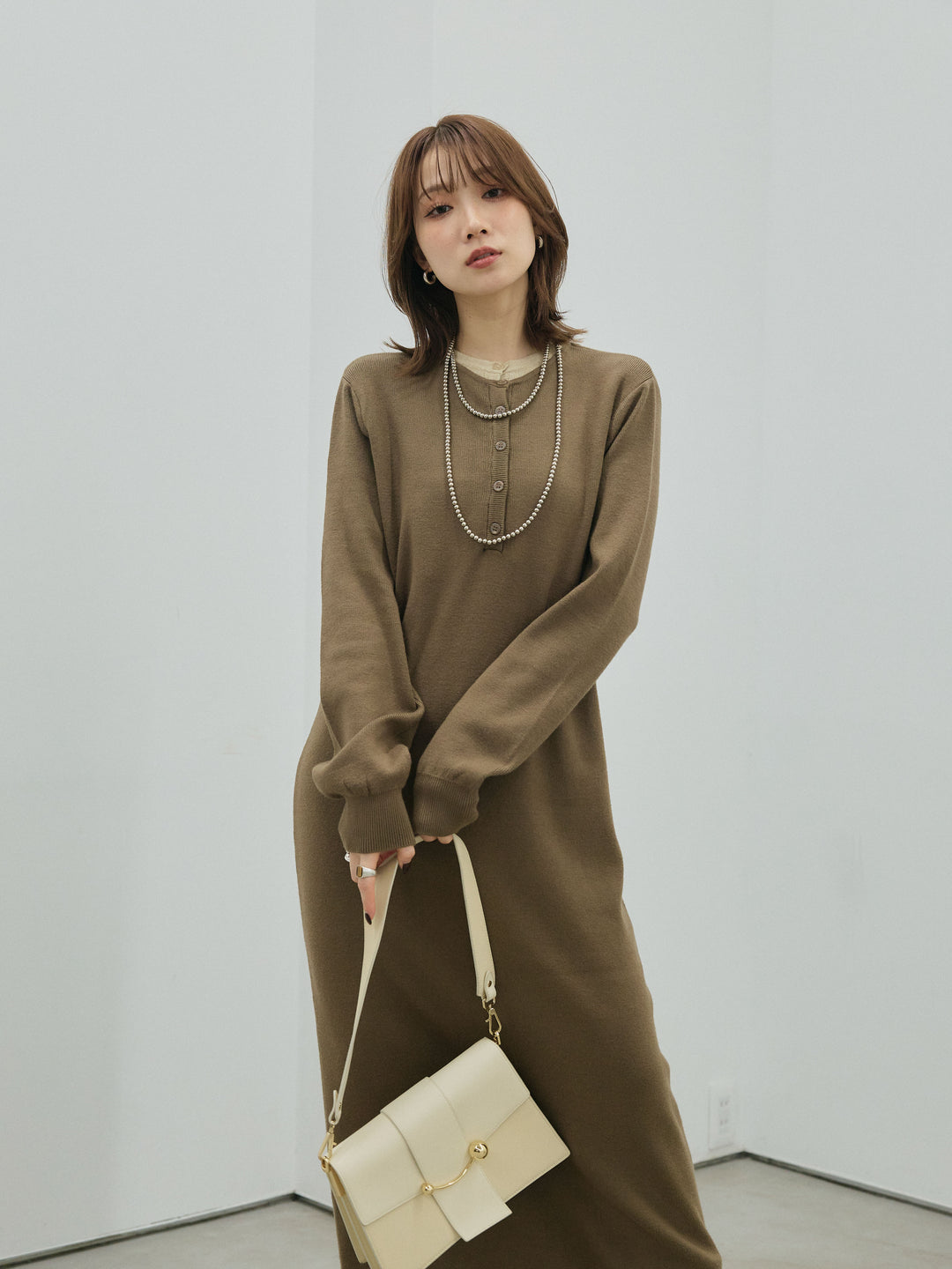 [予約]ヘンリーネックレイヤードニットワンピース/khaki