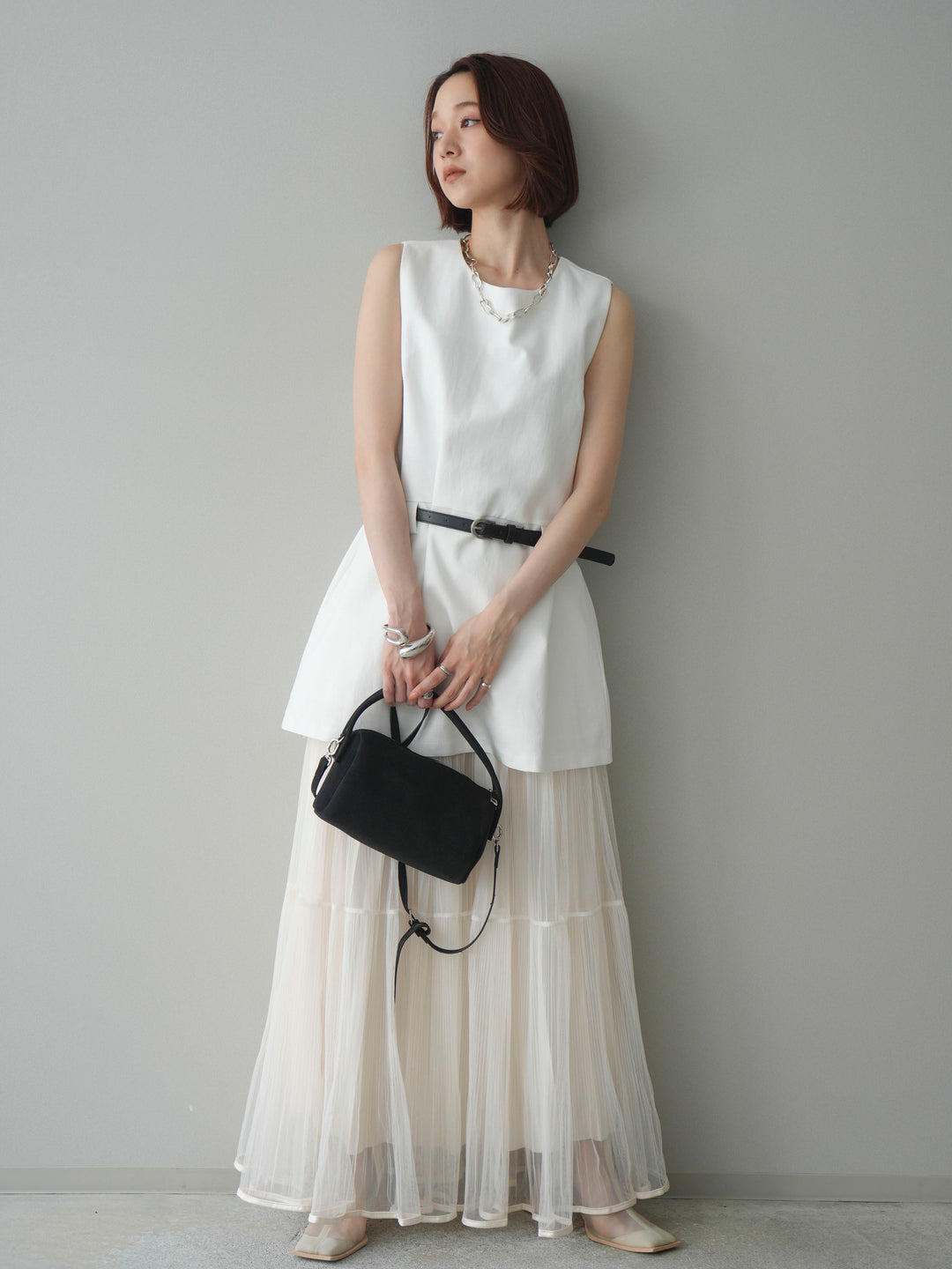 [SET]ベルト付リネンライクノースリチュニック+ラメプリーツレイヤードチュールロングスカート(2set)