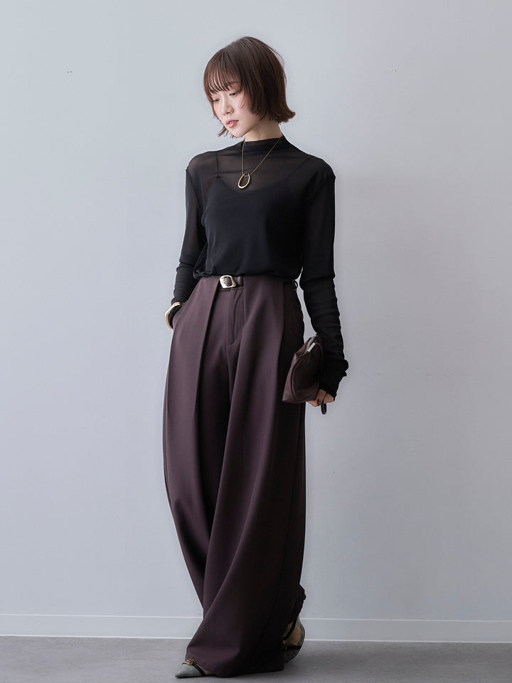[SET]メッシュボトルネックトップス+ベルトループデザインワイドパンツ(2set)