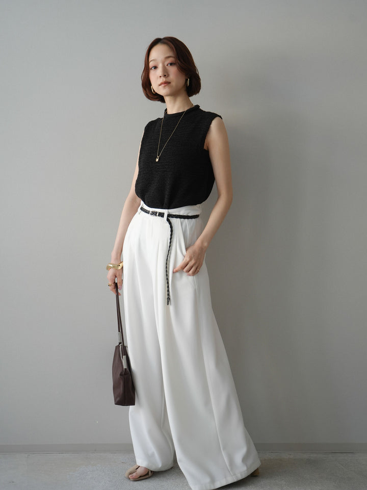 [予約]編み込みベルト付タックワイドパンツ/white