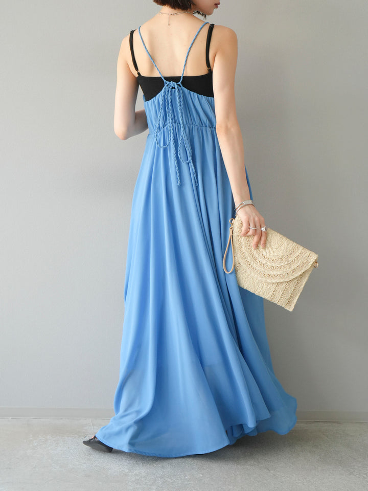 [SET]編み込みデザインシフォンワンピース+カップ付テレコリブベアキャミソール(2set)