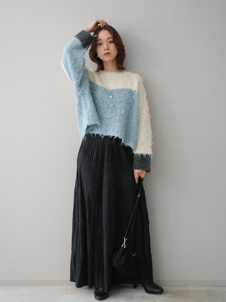 [SET]バイカラーモヘアタッチニットプルオーバー+型押しスエードティアードプリーツスカート(2set)