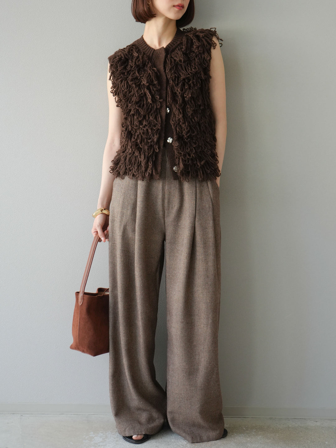 [予約]ツイードタッチタックワイドパンツ/ブラウン