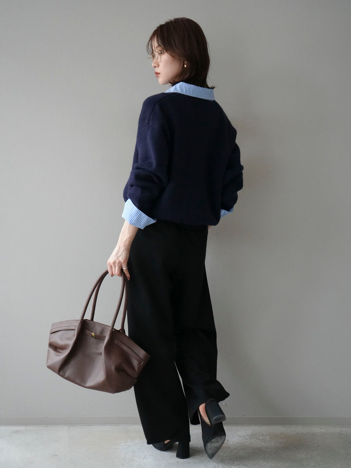 [SET]ストライプシャツレイヤードZIPニットカーディガン+2WAYデザインスウェットパンツ(2set)