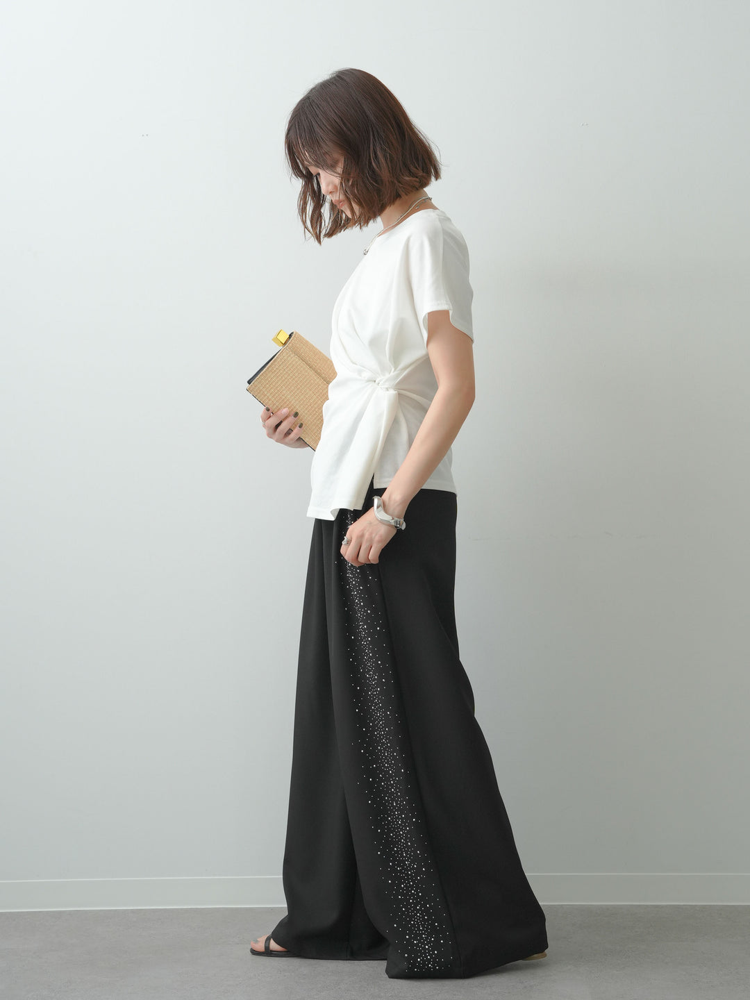 [SET]サイドノットTEE+ポーチベルト付サイドビジュータックワイドパンツ(2set)