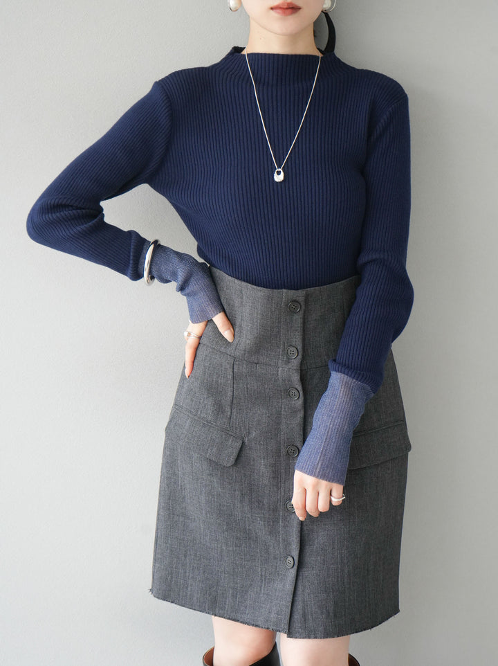 [予約]袖ラメシアー切替リブニットトップス/ネイビー