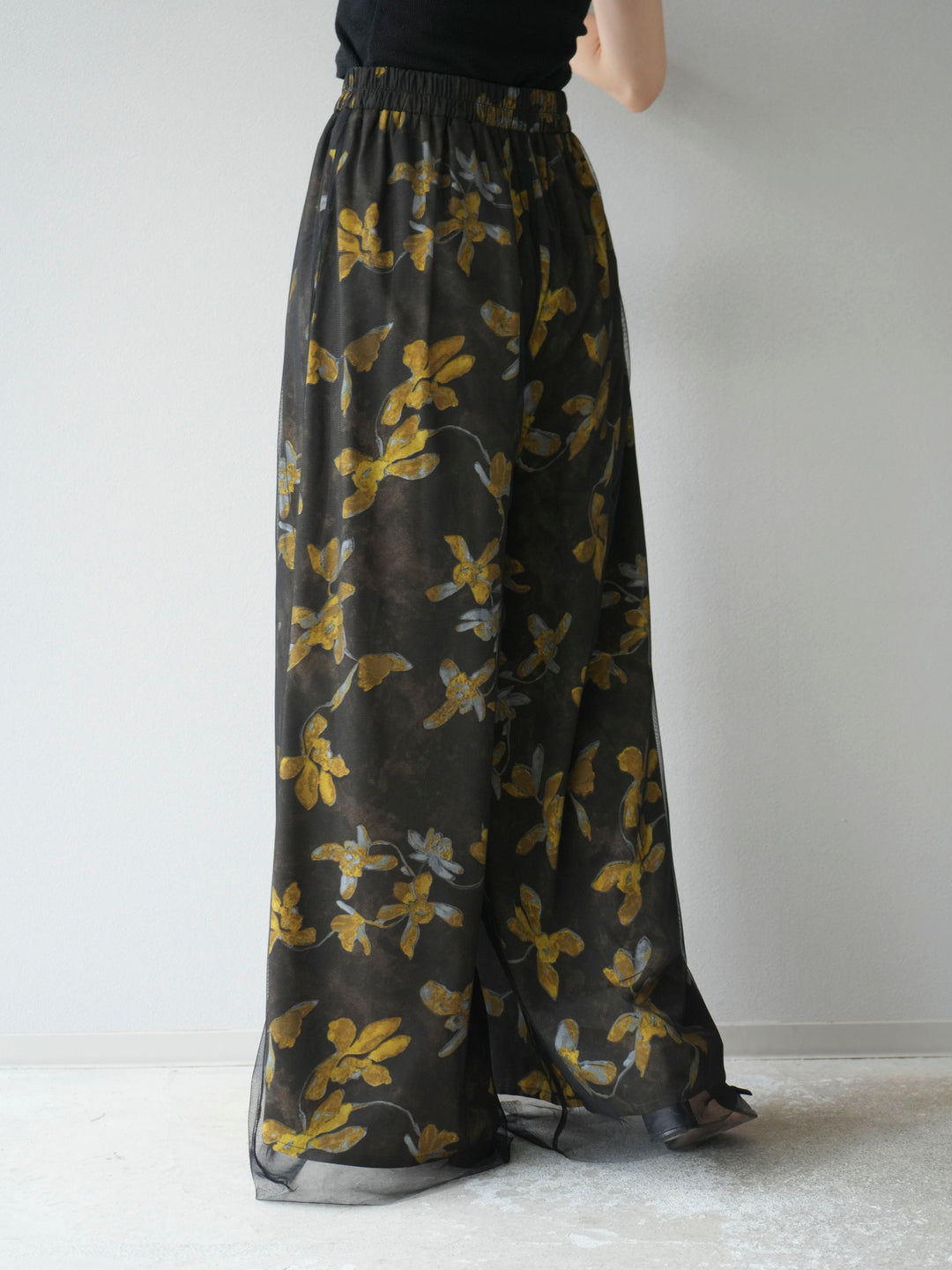 [予約]フラワープリントチュールレイヤードパンツ/ブラウン