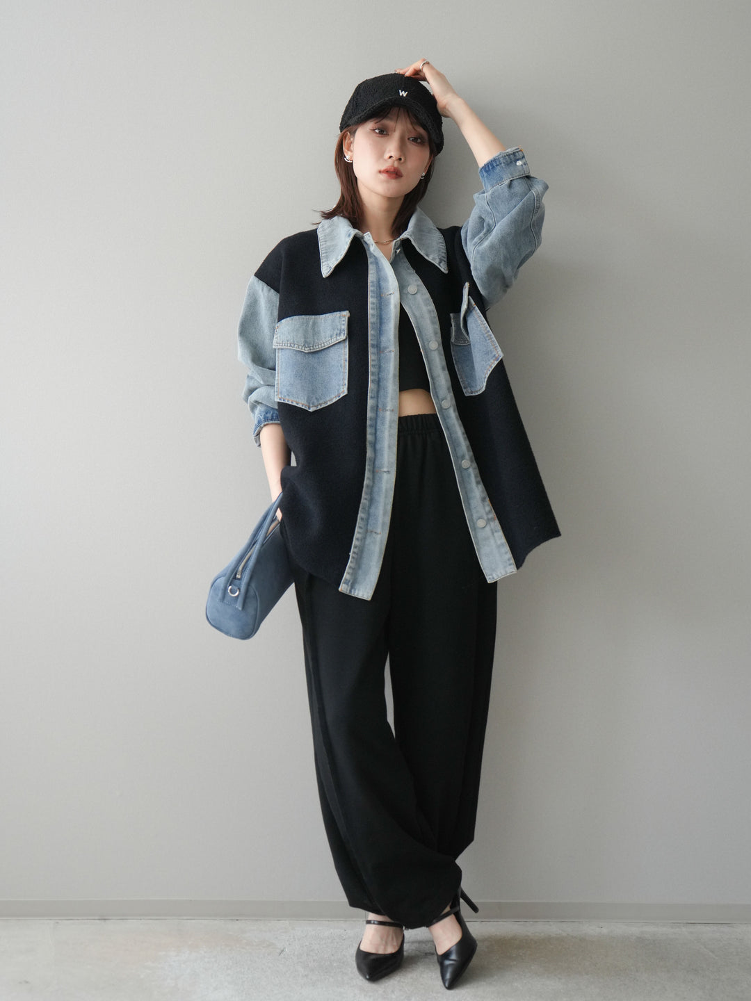 [SET]デニム襟ダブルフェイスニットカーディガン+2WAYデザインスウェットパンツ(2set)