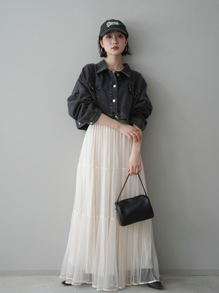 [予約]ラメプリーツレイヤードチュールロングスカート/ivory