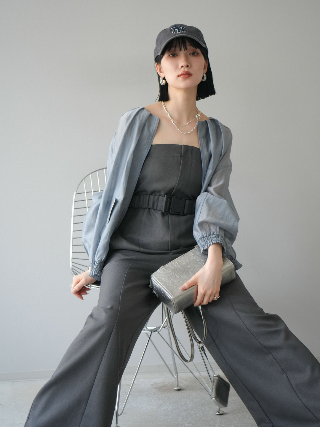 【預訂】褶襉設計透視上衣/灰色
