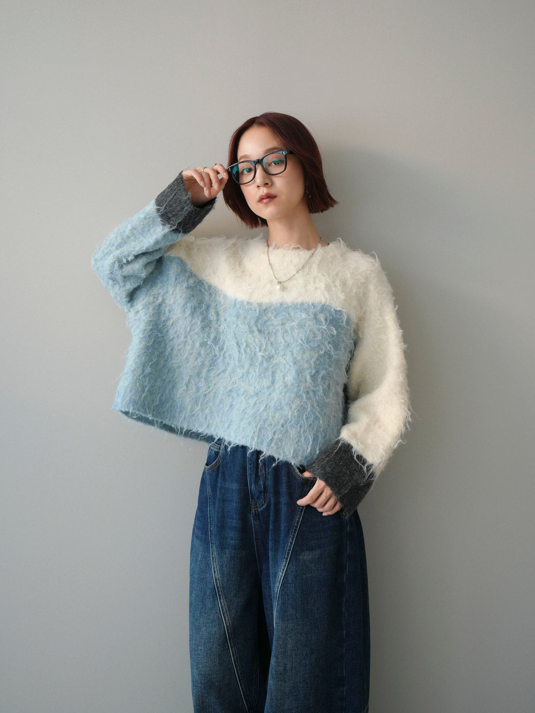 [SET]バイカラーモヘアタッチニットプルオーバー+裏起毛加工デニムカーブパンツ(2set)