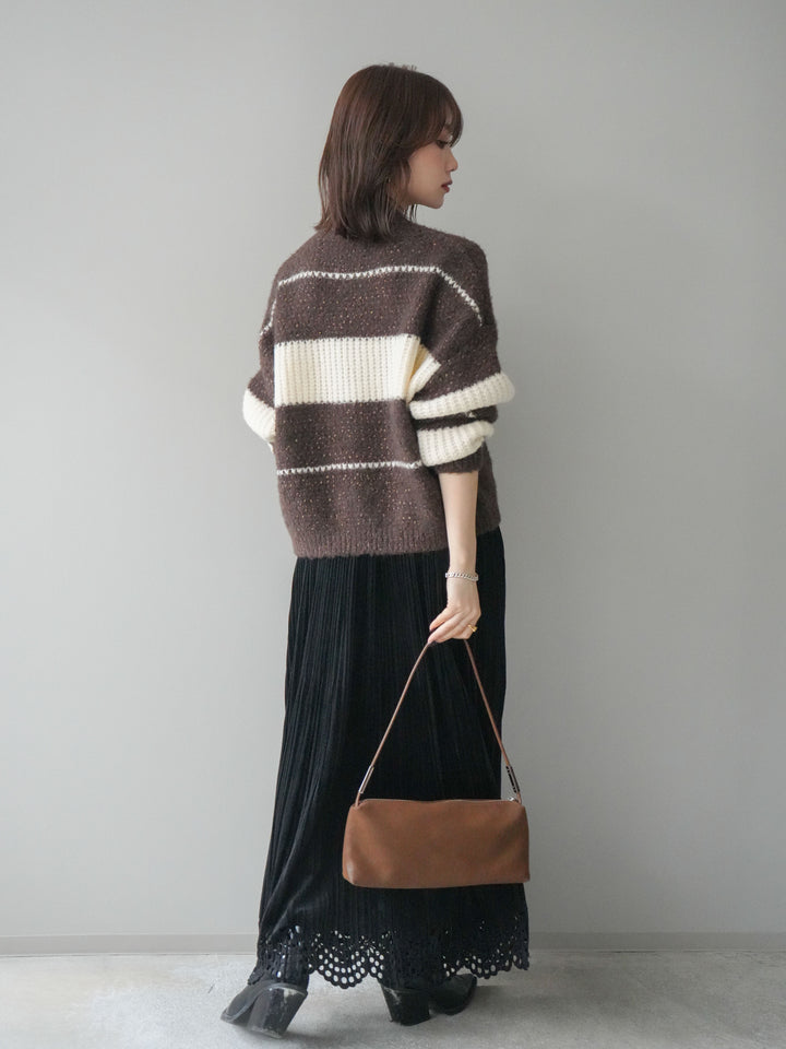[SET]ネップヤーンボーダーニットプルオーバー+パンチングデザインスエードプリーツスカート(2set)