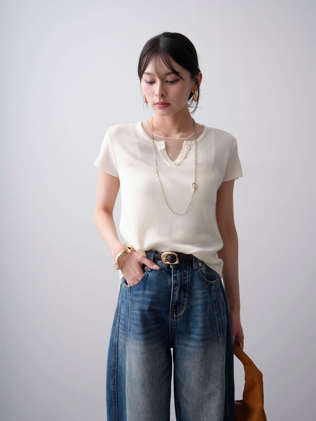 [SET]チュールレーヤードヘンリーフレンチニットトップス+立体カーブデニムパンツ(2set)