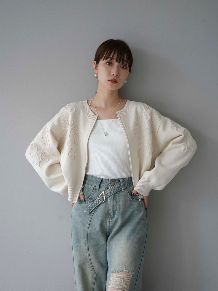 [SET]コード刺繍コットンニットジップカーディガン+ダブルストラップカットリブブラキャミソール+ベルトアシンメトリーダメージデニム(3set)