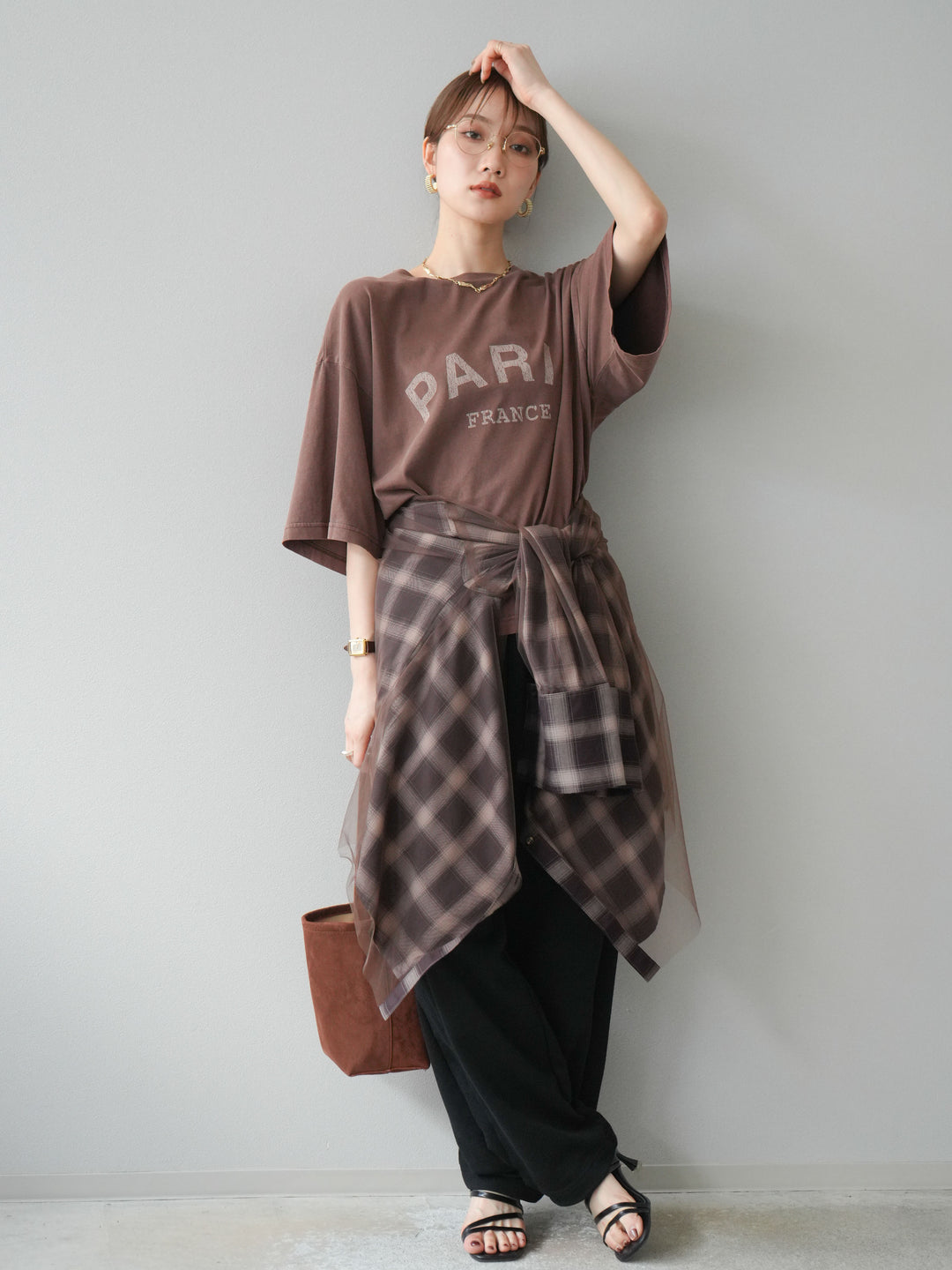 [SET]ピグメントロゴプリントTシャツ+2WAYデザインスウェットパンツ+チュールドッキングチェック柄オーバーサイズシャツ(3set)