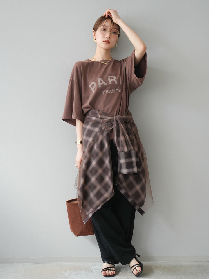 [SET]ピグメントロゴプリントTシャツ+2WAYデザインスウェットパンツ+チュールドッキングチェック柄オーバーサイズシャツ(3set)