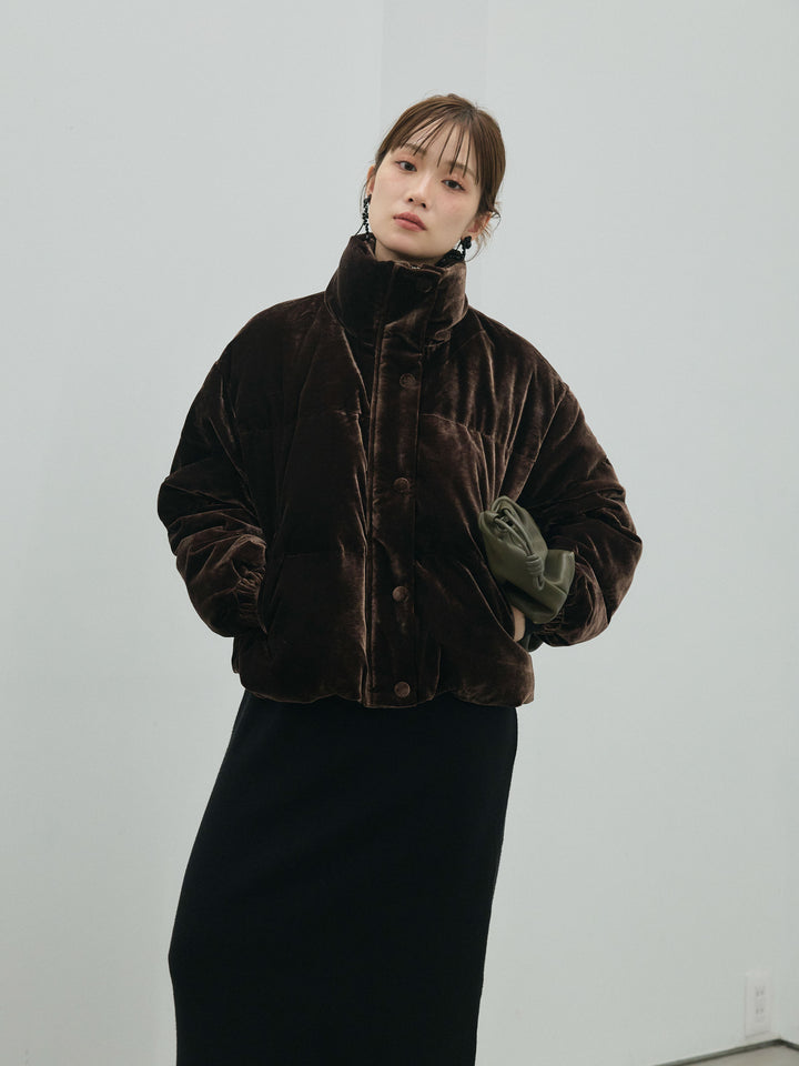 【Allure】[SET]ヘンリーネックレイヤードニットワンピース+ベロアダウンジャケット(2set)