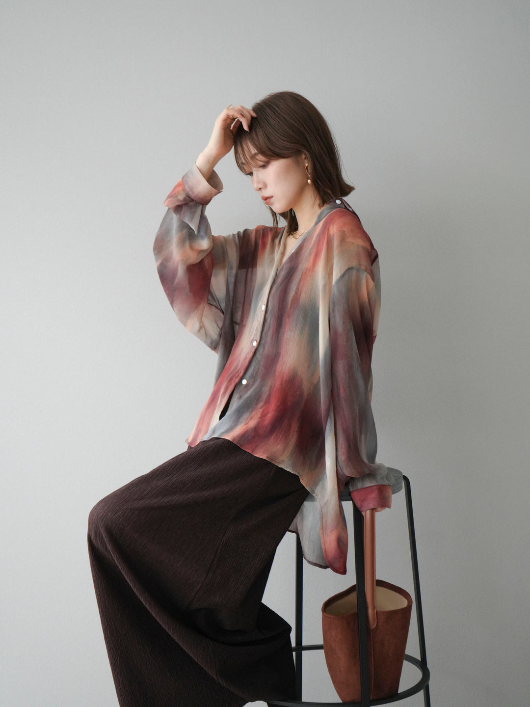 [予約]ニュアンス柄シアーシャツ/レッド