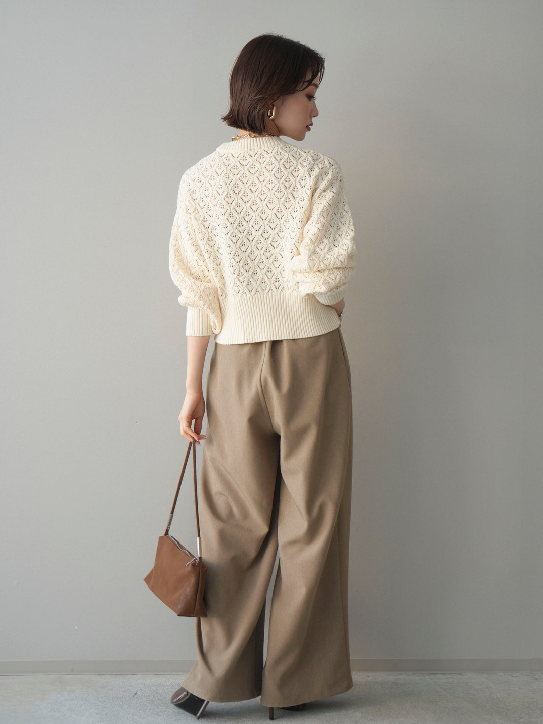 [予約]サテンベルトタックワイドパンツ/beige