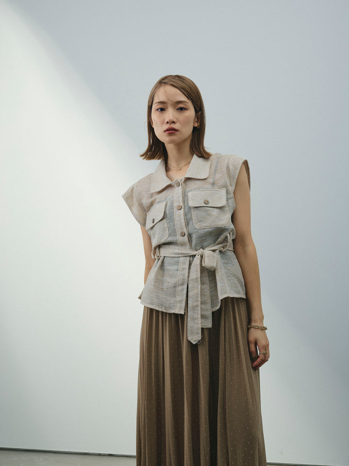 [SET]ミックスヤーンメッシュブラウス+ラインストーンプリーツスカート(2set)