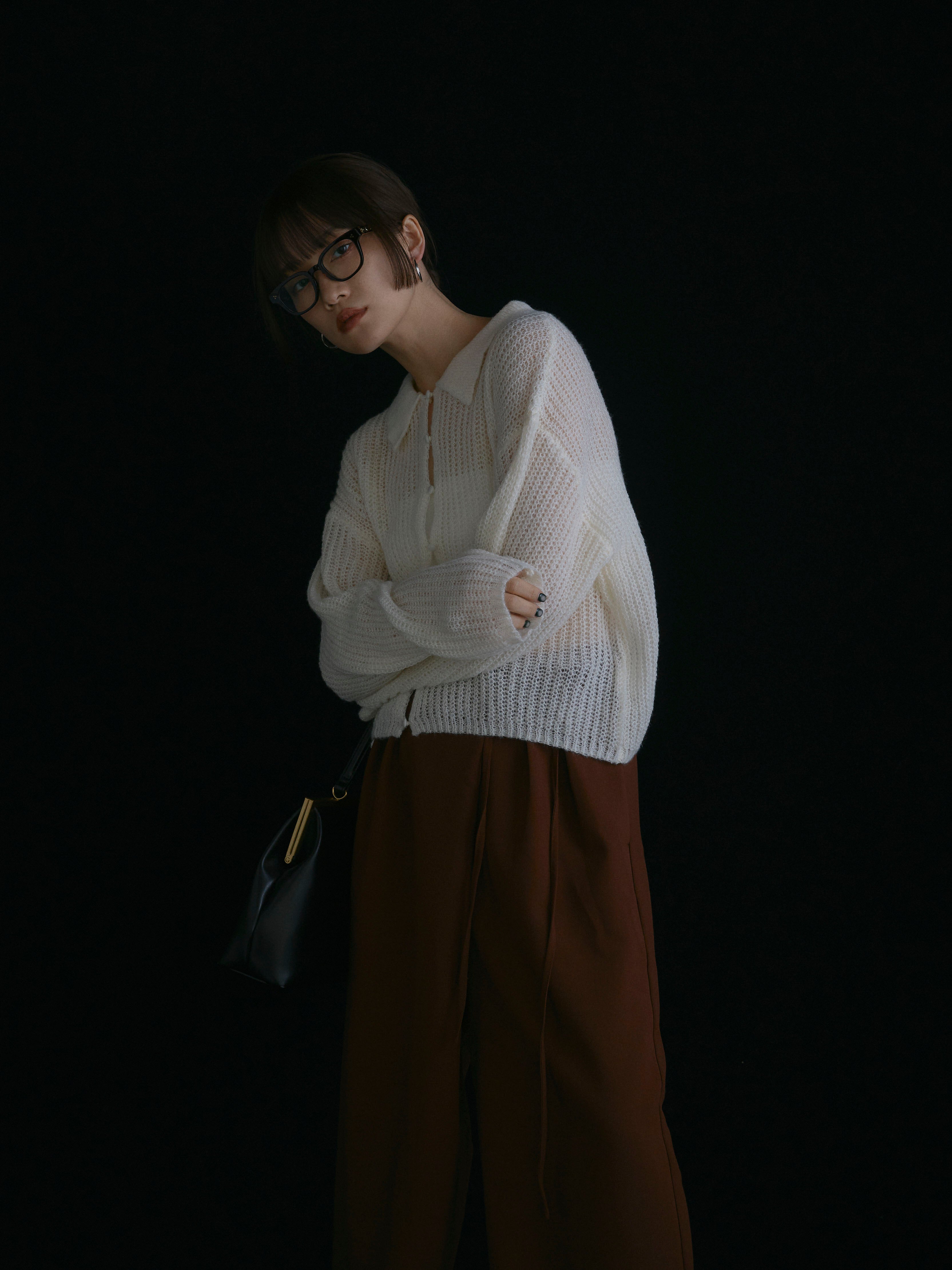 予約]起毛片畦編みシアーポロニット/アイボリー – Lumier