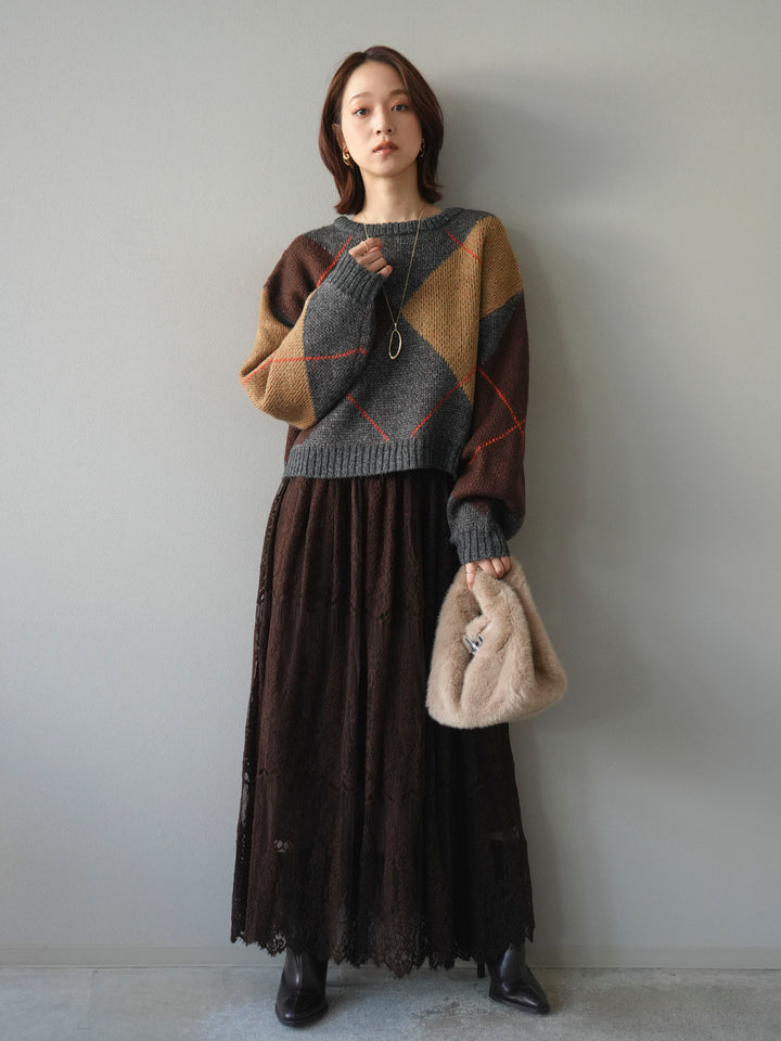 [SET]配色ステッチアーガイル柄ニットプルオーバー+ヴィンテージライクメッシュレーススカート(2set)