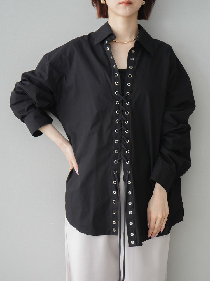 [SET]レースアップブロードシャツ+バイカラー異素材サイドラインライトポンチパンツ(2set)