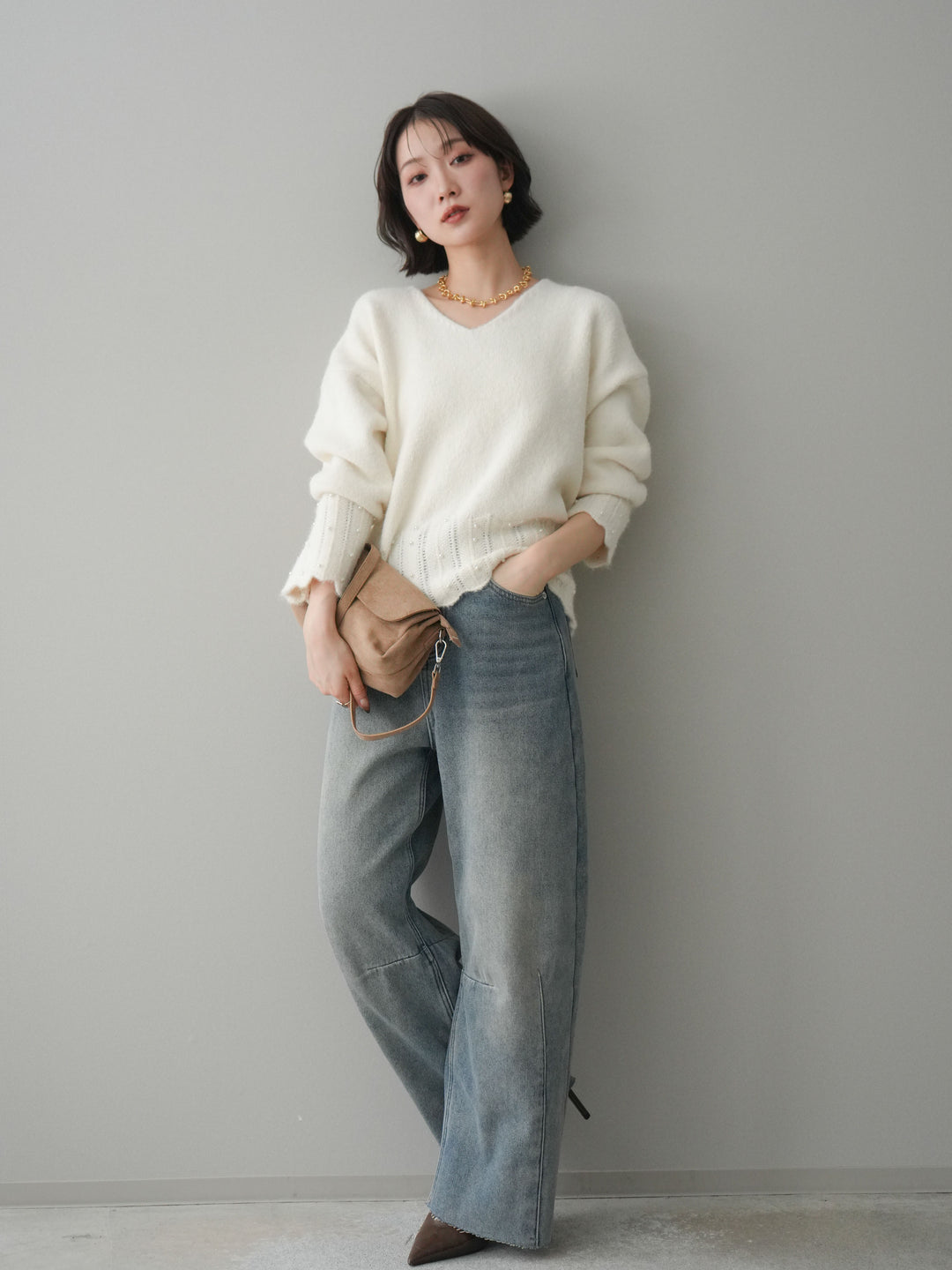 [予約]裏起毛カットオフカーブデニムパンツ/blue