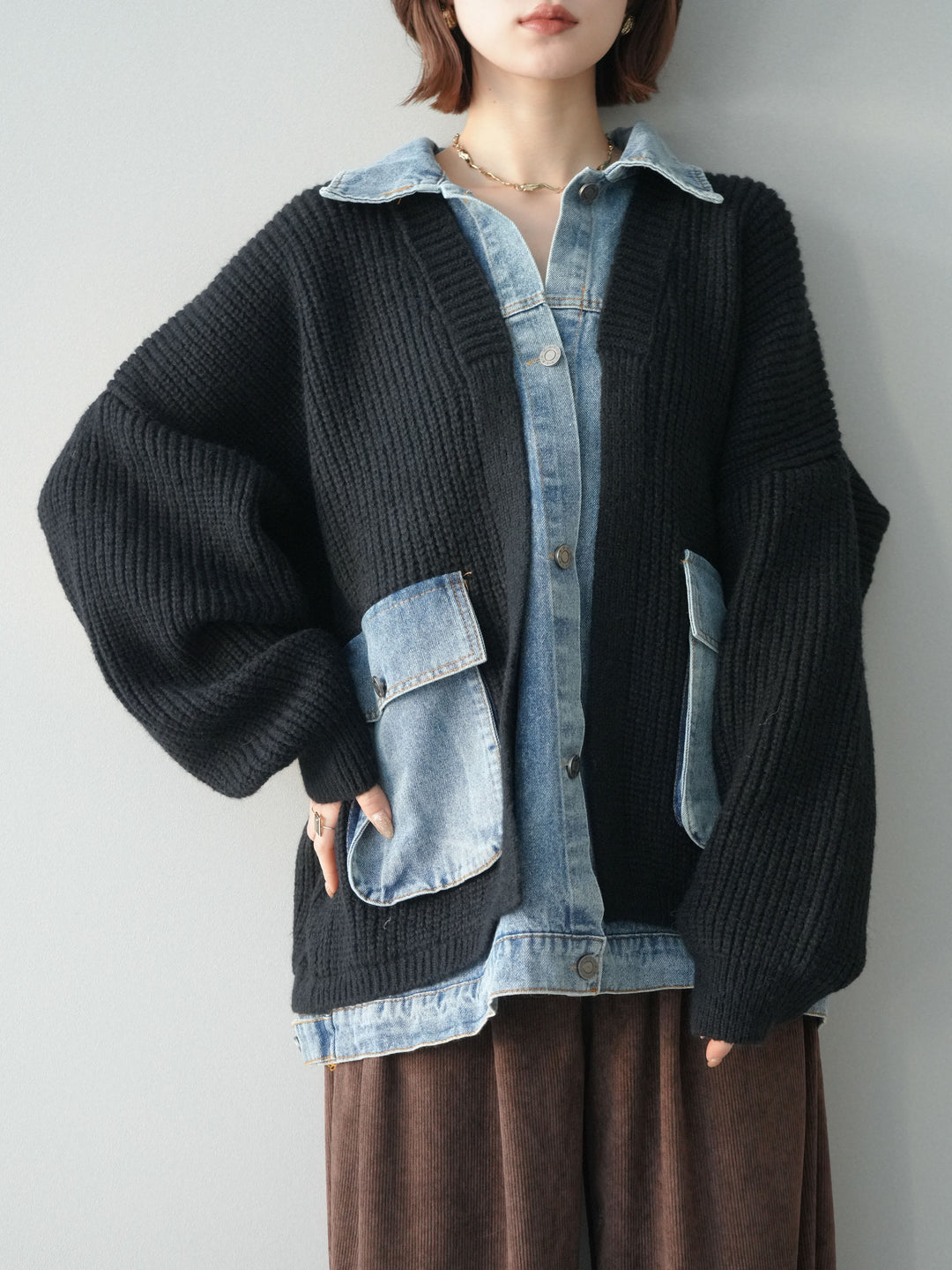 [SET]デニムドッキングオーバーニットジャケット+コーデュロイサイドタックコクーンパンツ(2set)