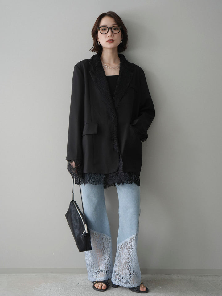 [予約]レース切替フレアデニムパンツ/bleach