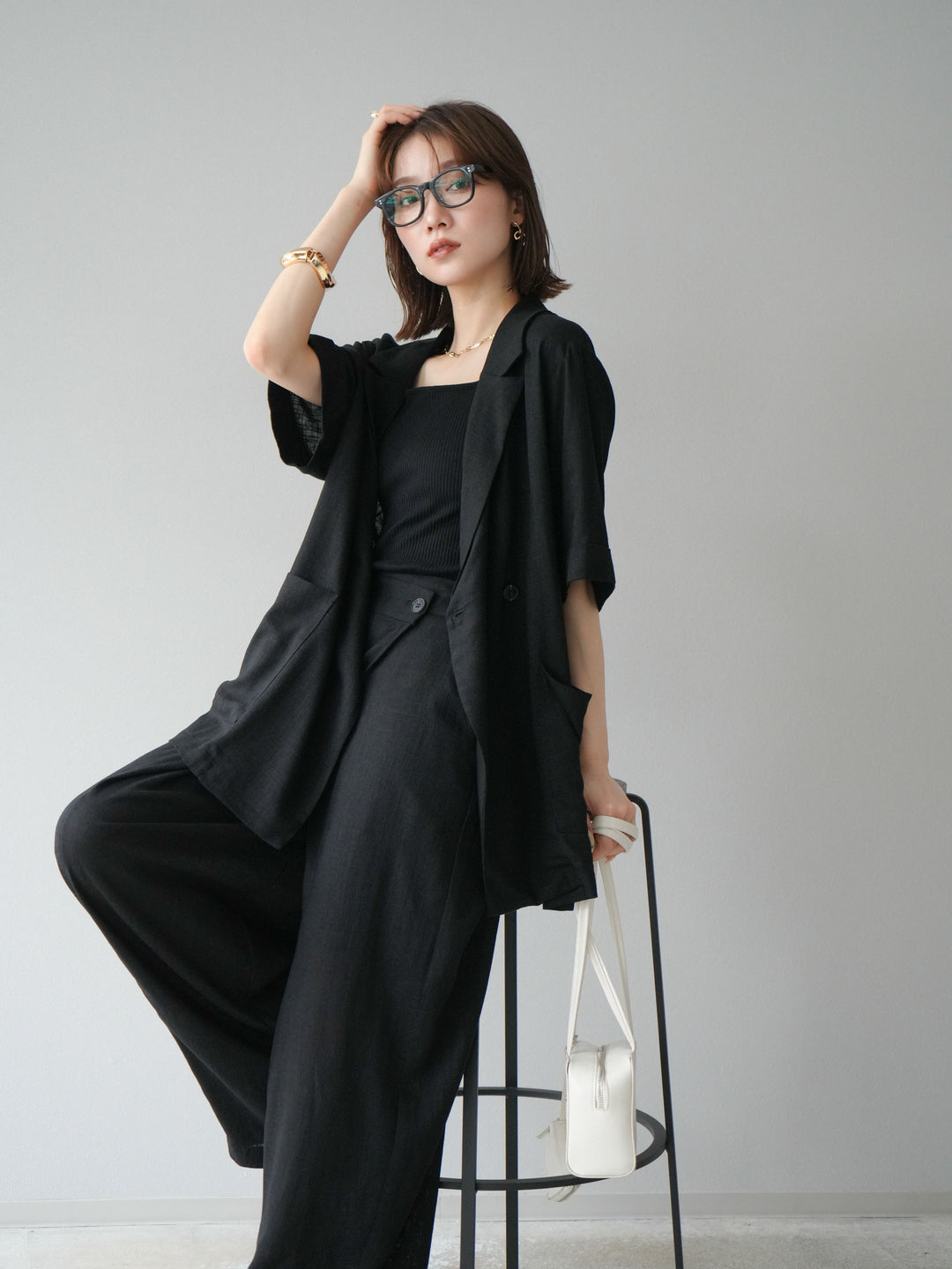 【預購】輕亞麻半袖外套/黑色