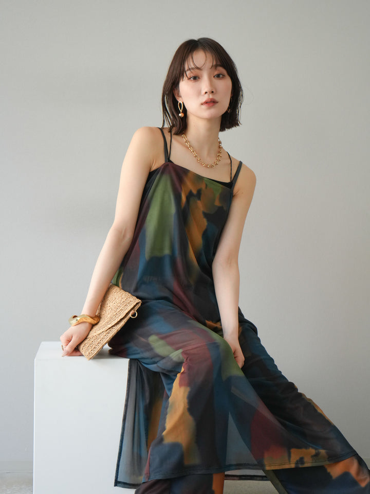 [予約]水彩アートシアーキャミワンピース/チャコール