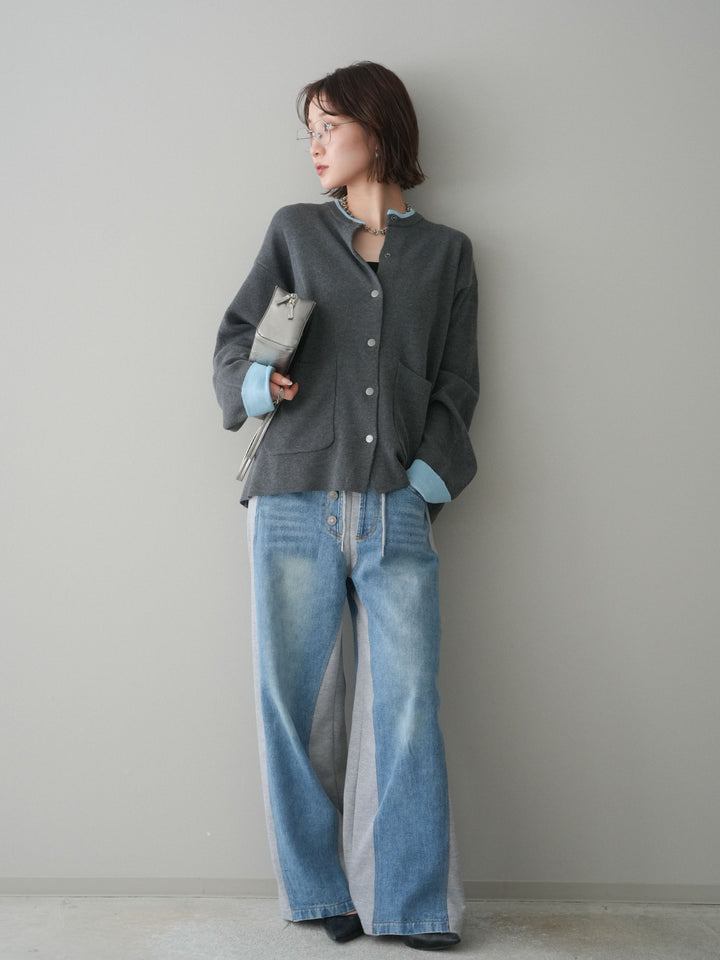 [SET]バイカラーオーバーニットカーディガン+デニム切替スウェットパンツ(2set)