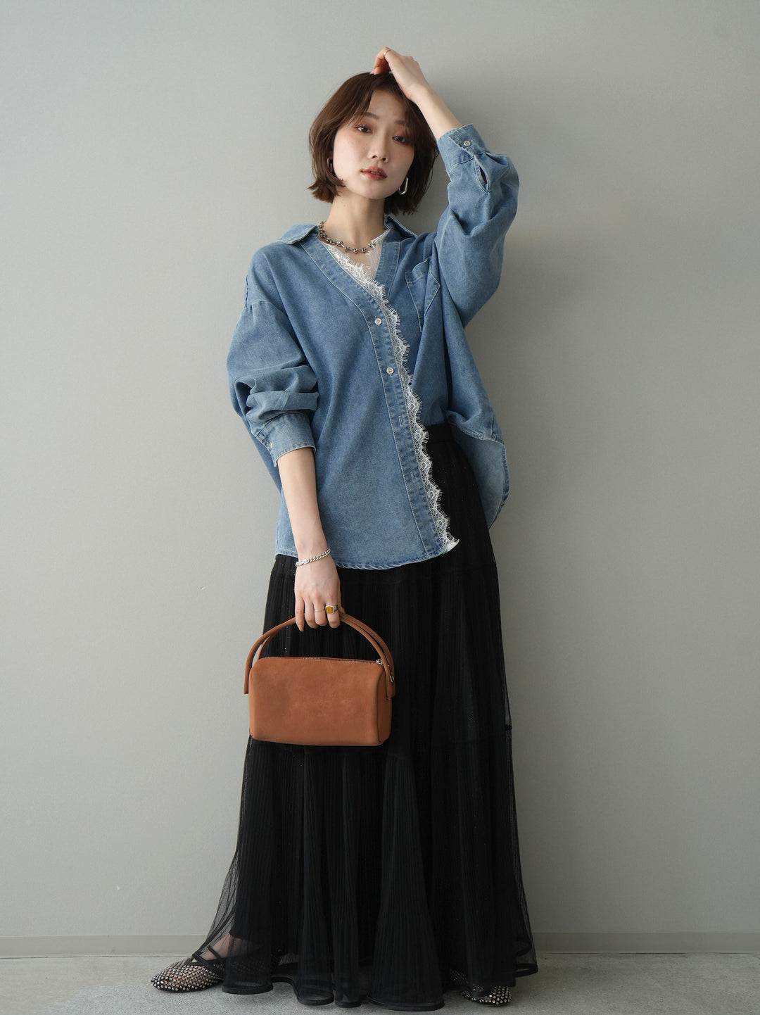 [予約]ラメプリーツレイヤードチュールロングスカート/black