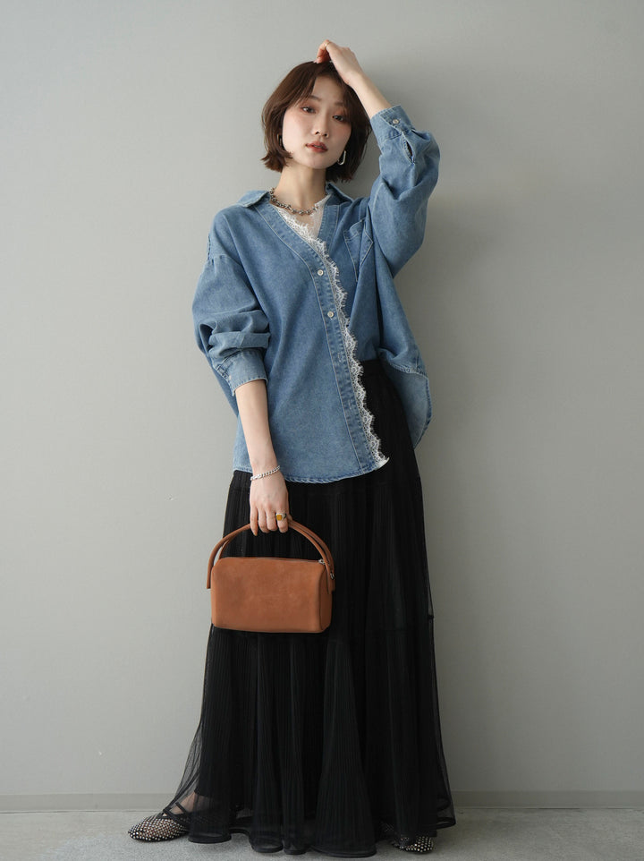 [予約]ラメプリーツレイヤードチュールロングスカート/black