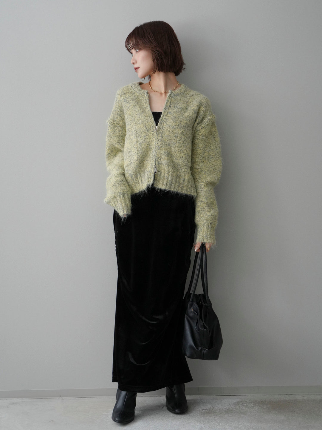 [SET]ミックスヤーンダブルZIPニットカーディガン+ギャザーベロアスカート(2set)