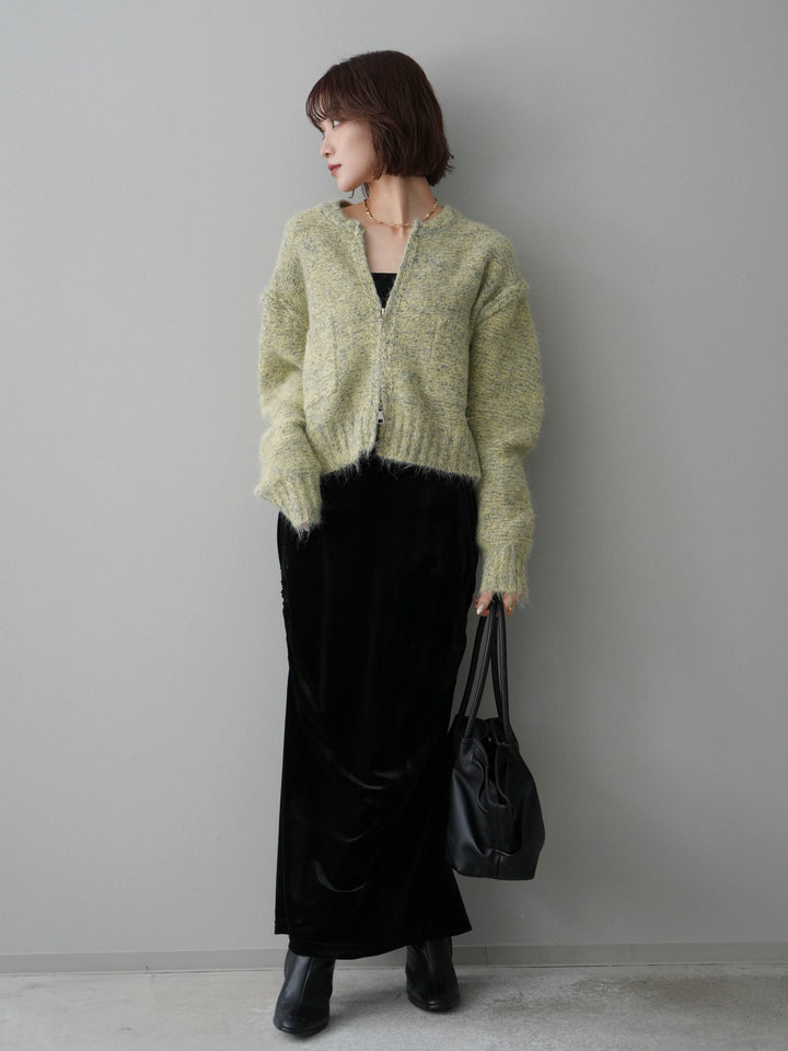 [SET]ミックスヤーンダブルZIPニットカーディガン+ギャザーベロアスカート(2set)