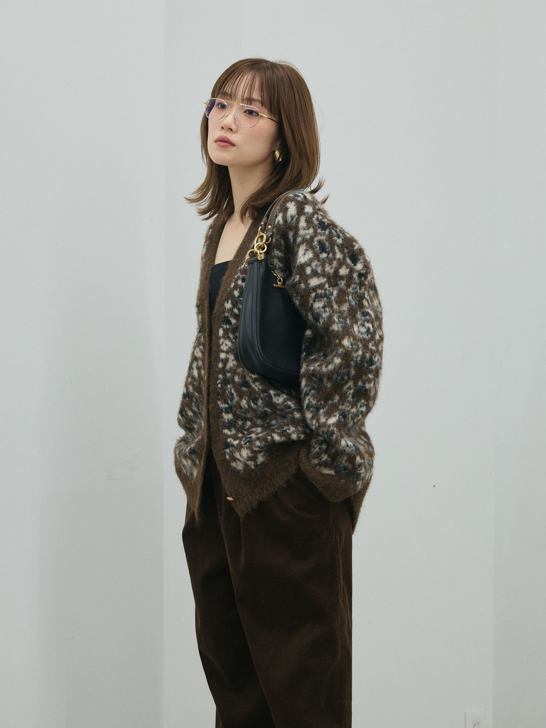 【Allure】[SET]レオパードシャギーニットカーディガン+コーデュロイタックワイドパンツ(2set)