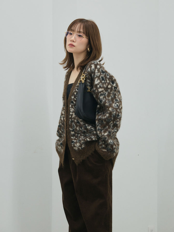 【Allure】[SET]レオパードシャギーニットカーディガン+コーデュロイタックワイドパンツ(2set)