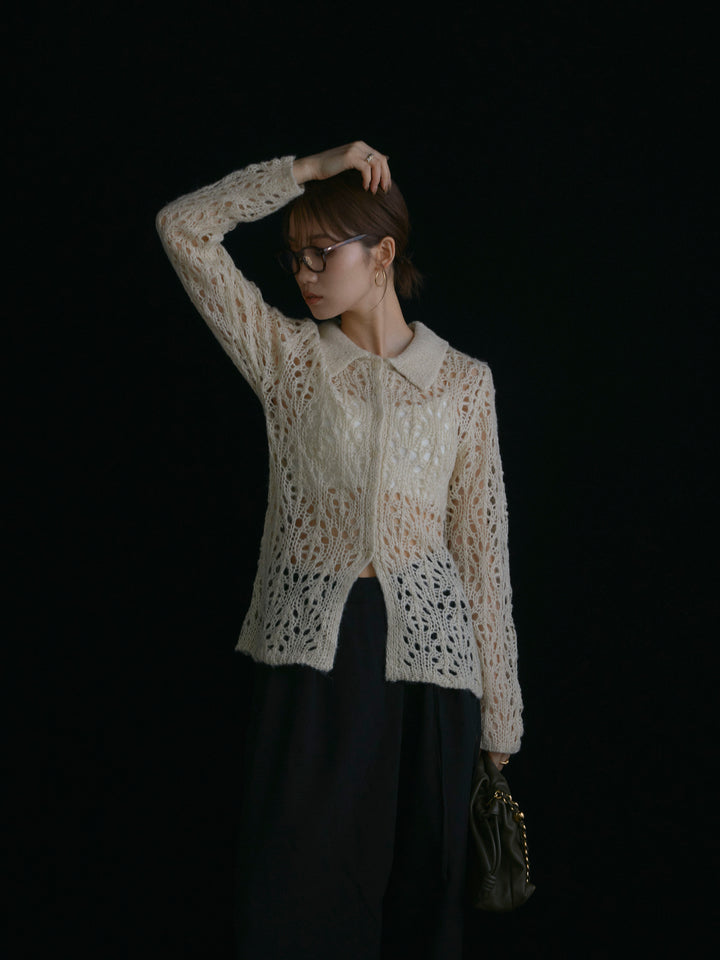 【Allure】[SET]ローゲージ透かし編みポロニッカーディガン+ローゲージ透かし編みポロニッカーディガン(2set)