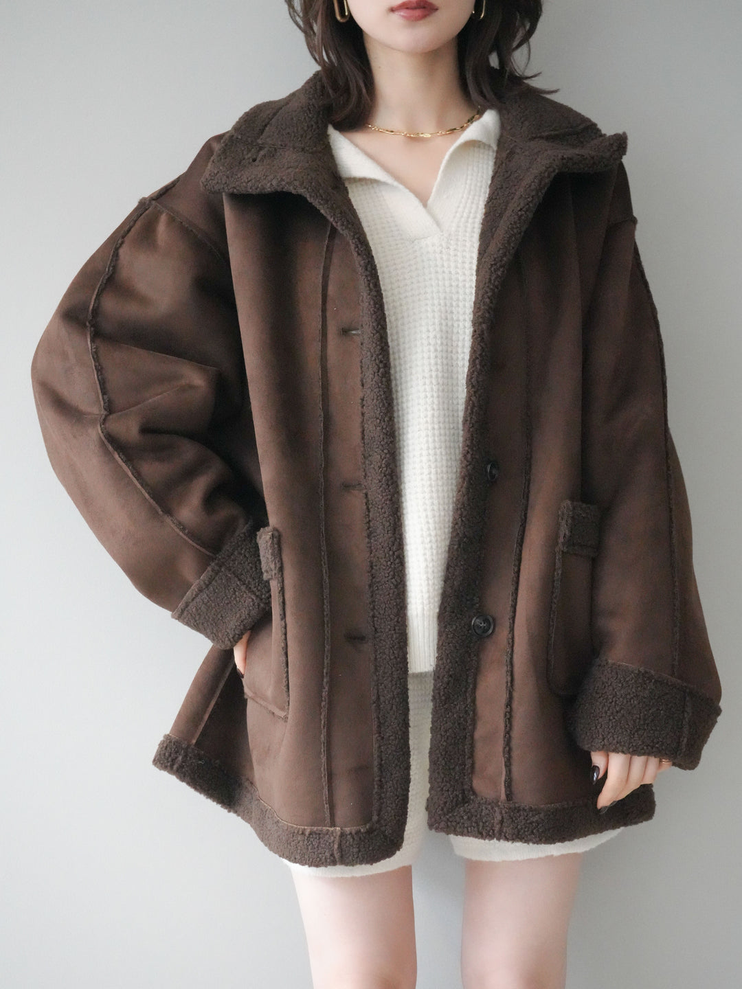 [SET]ポロニットプルオーバー＆ショートパンツSET UP+スタンドネックフェイクムートンミディアムコート(2set)