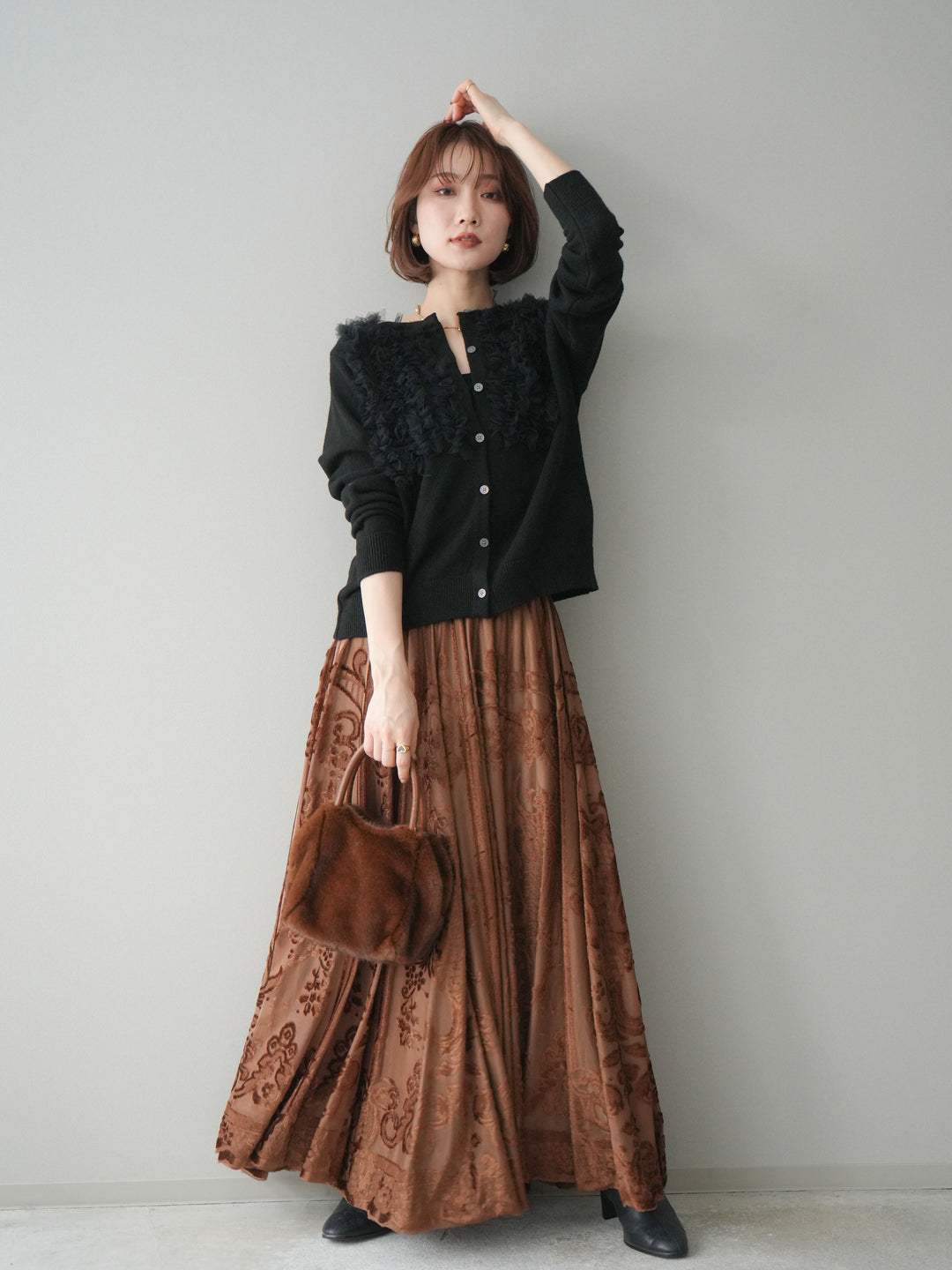 [SET]チュールフリルニットカーディガン+アンティーク柄フロッキーマキシスカート(2set)
