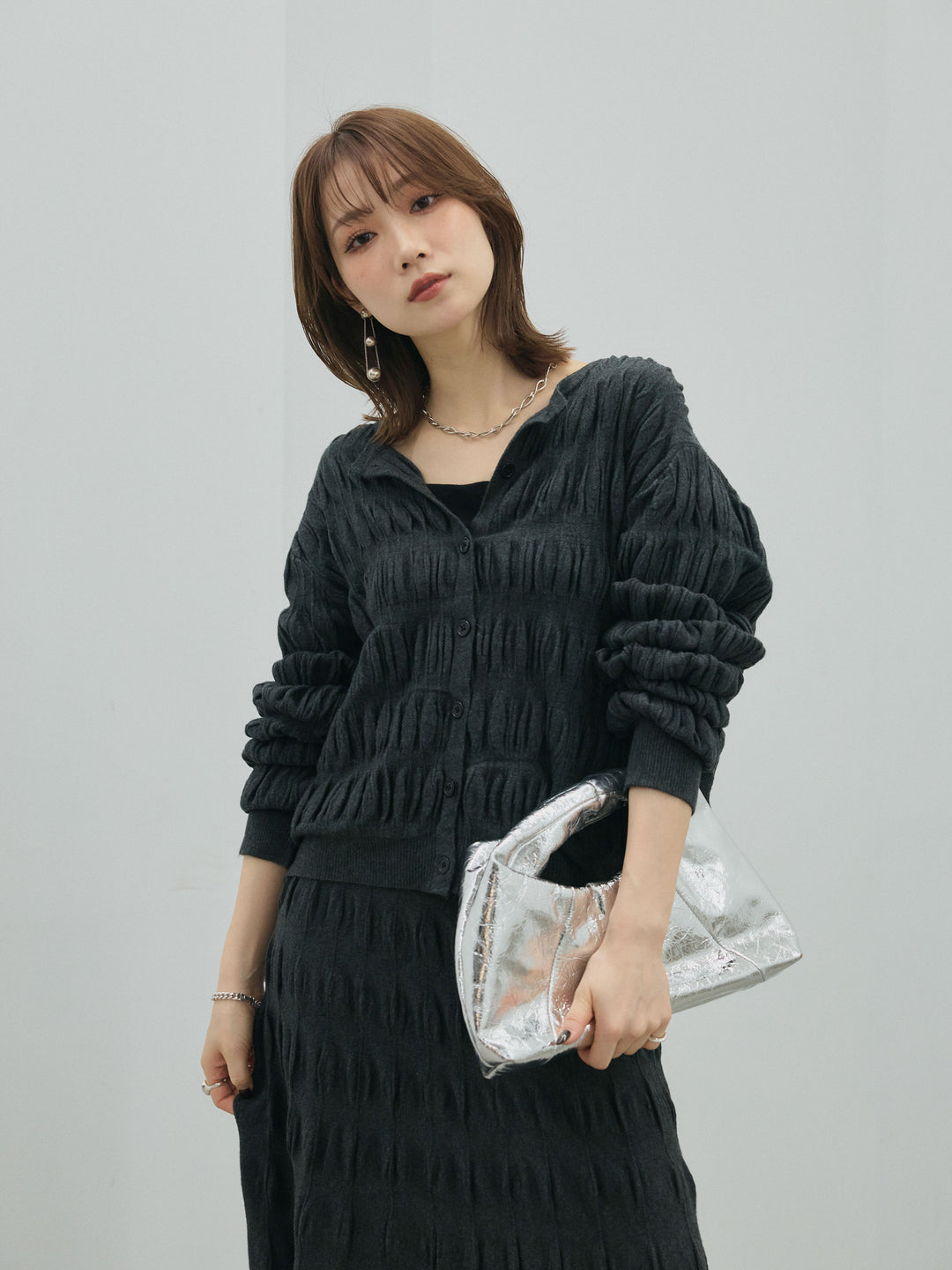 【Allure】[SET]シャーリングニットカーディガン&ニットスカートSET UP+シャーリングニットカーディガン&ニットスカートSET UP(2set)