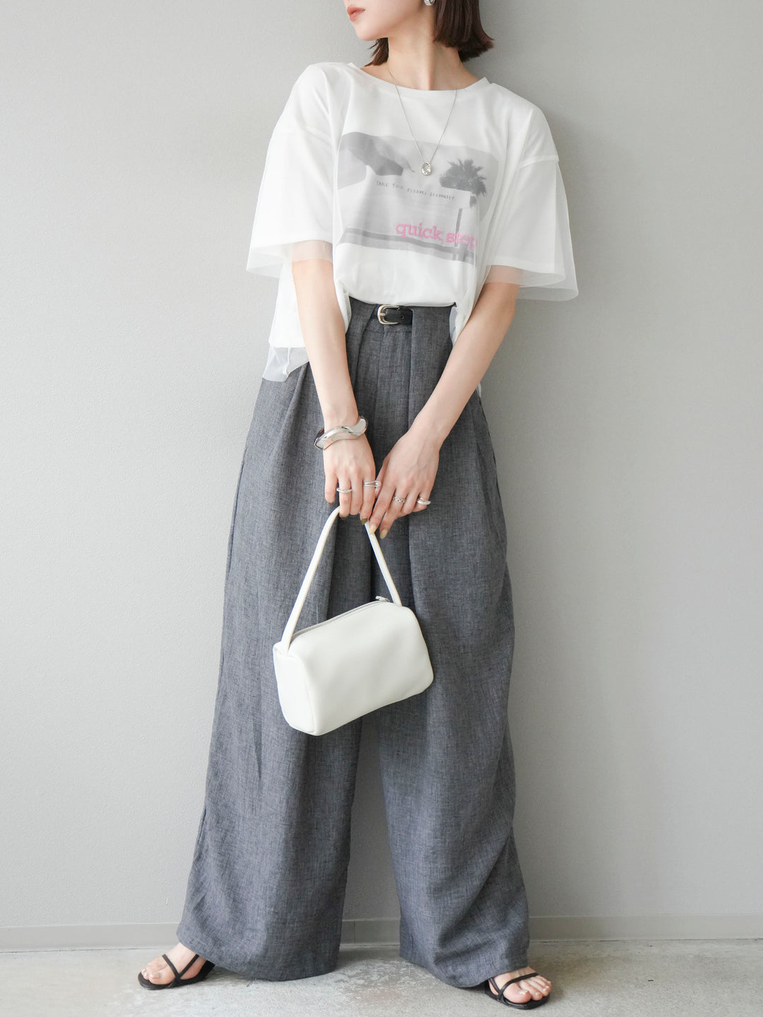 [予約]リネンライクベルト付タックループワイドパンツ/ブラック