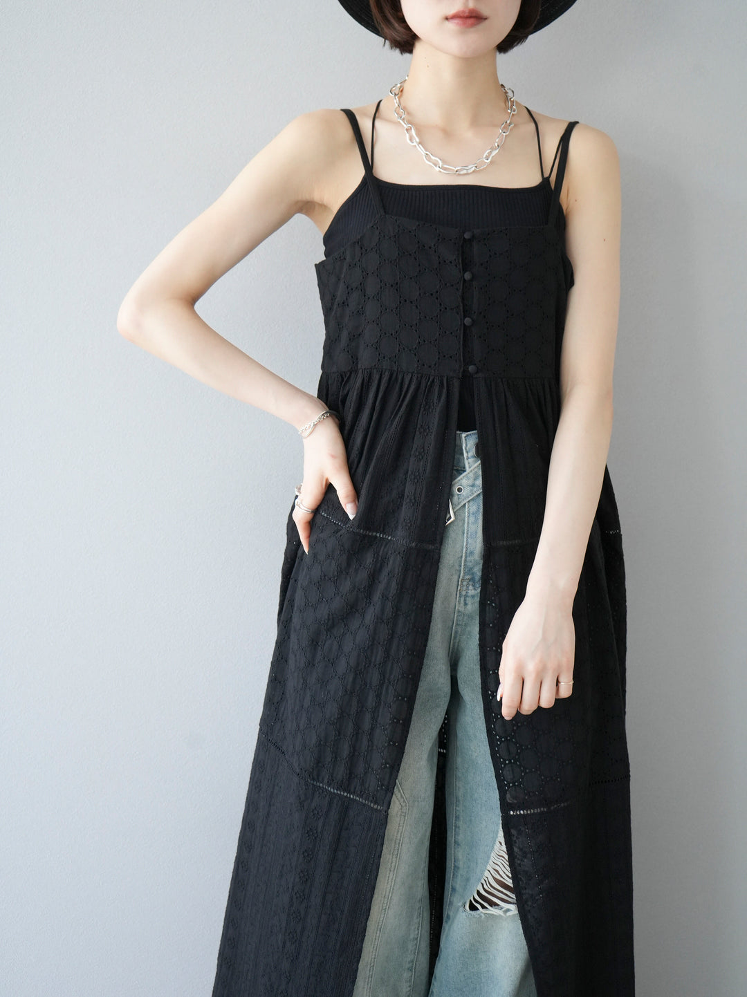 [Pre-order] Cotton patchwork lace camisole dress/black