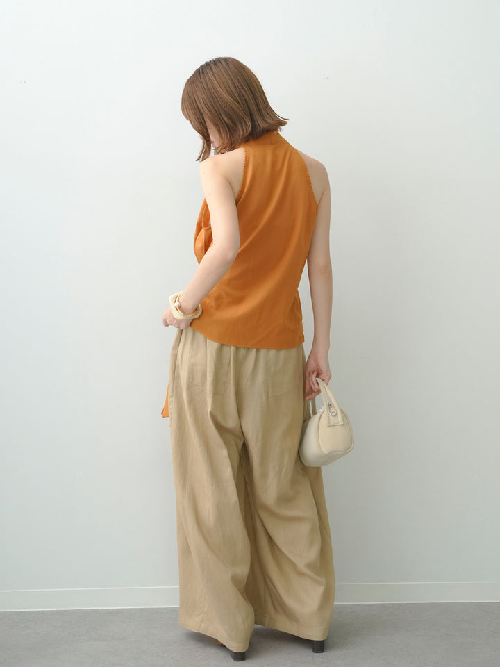 [SET]ゴールドモチーフカシュクールノースリトップス+フロントボタンタックワイドパンツ(2set)